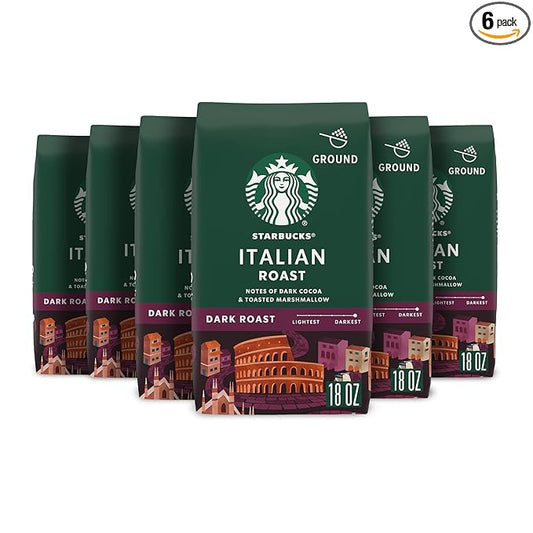 Starbucks Ground Coffee, Dark Roast Hot or Iced Coffee, Italian Roast, Six 18 oz Bags