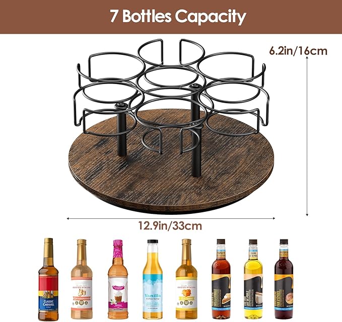 Kssiaz Rotating Coffee Syrup Organizer, 7 Bottles Coffee Syrup Rack for Countertop Syrup Bottle Holder Stand for Coffee Bar Station, Carbon Steel Frame with Wooden Base Coffee Bar Accessory, Black