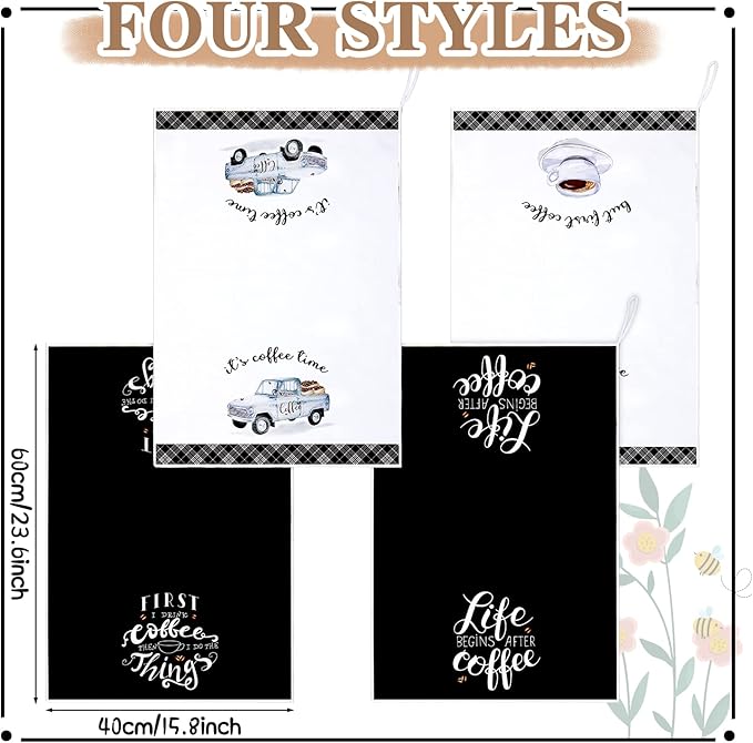 Ferraycle 4 Pieces Kitchen Dish Cloths Coffee Kitchen Hand Towels Absorbent Tea Towels 24 x 16 Inches, Cafe Lover Gift Bar Decorative Dish Cloths Rags, for Farmhouse(Mainly Black,Truck Style)