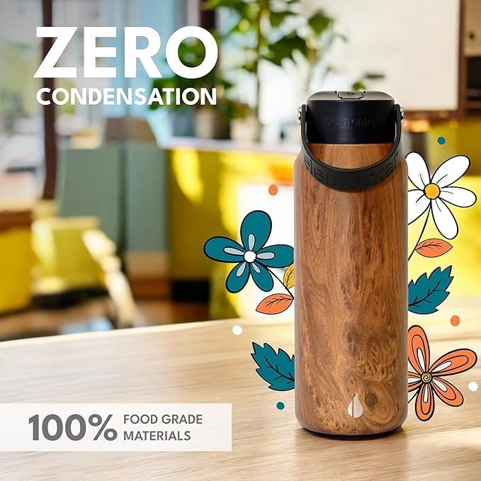 Elemental 40oz Insulated Water Bottle with Straw - 100% Leak-Proof Stainless Steel Core Water Bottles for Travel, Sports and Gym - Double Wall Insulation & BPA Free - Teak Wood