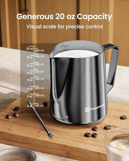 Milk Frothing Pitcher, 20oz Espresso Steaming Pitcher Milk Frother Cup, Milk Coffee Cappuccino Latte Art, 304 Stainless Steel Jug Cup with Decorating Art Pen