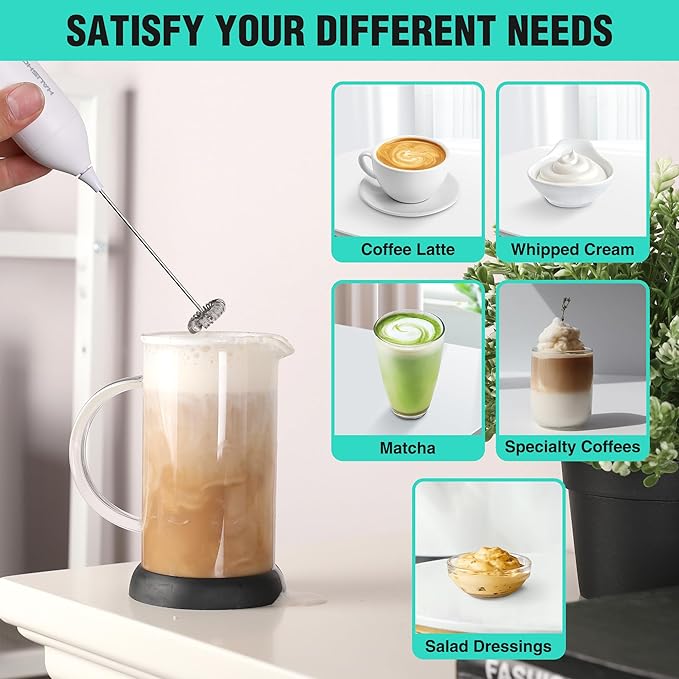 HAUSHOF Powerful Rechargeable Milk Frother Wand, Handheld Electric Foam Maker, Drink Mixer with Detachable Stainless Steel Whisk for Coffee Latte, Cappuccino, Matcha, No Stand, White