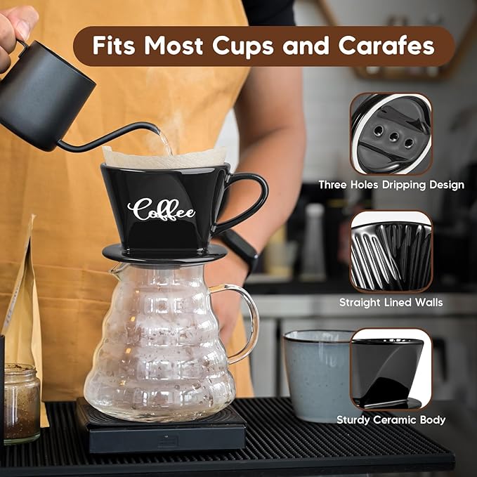 Pour Over Coffee Maker, Ceramic Pour Over Coffee Dripper, Manual Brew Maker, Black Kitchen Decor and Accessories, Single Cup Porcelain Slow Brewing Accessories for Cafe Coffee Bar