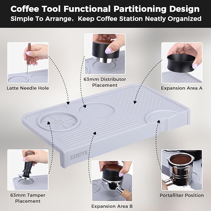EZHPYK Espresso Tamping Mat for Counter – Food Grade Silicone Multi-Slot Coffee Tamper Mat for Barista Espresso Machine Accessories – Waterproof Neat Tamp Station Coffee Bar Mat for Countertop Gray