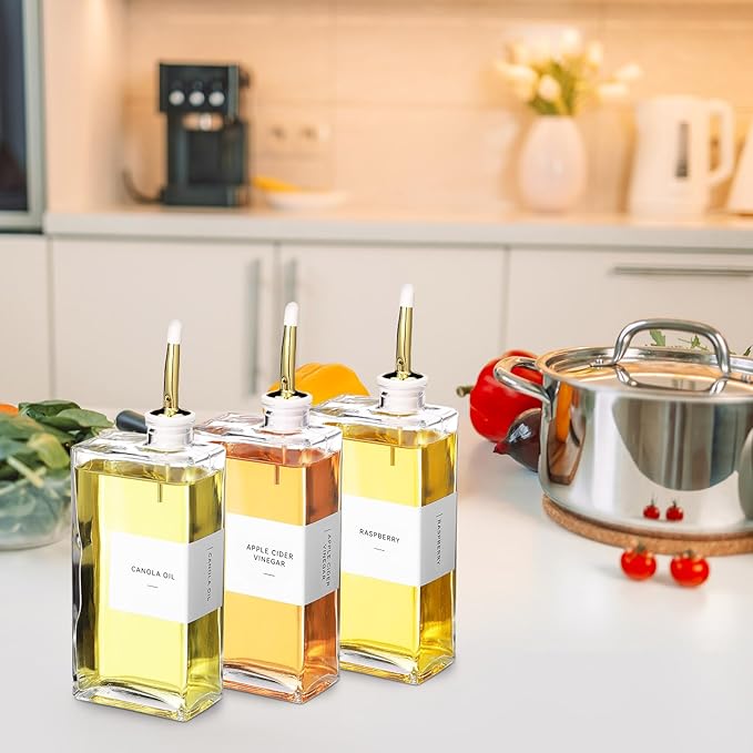 10 Sets Olive Oil Dispenser Bottles for Kitchen with Nozzles Funnel Labels Cooking Oil Dispenser 500ml Set for Kitchen Vinegar Coffee Syrup (Gold)