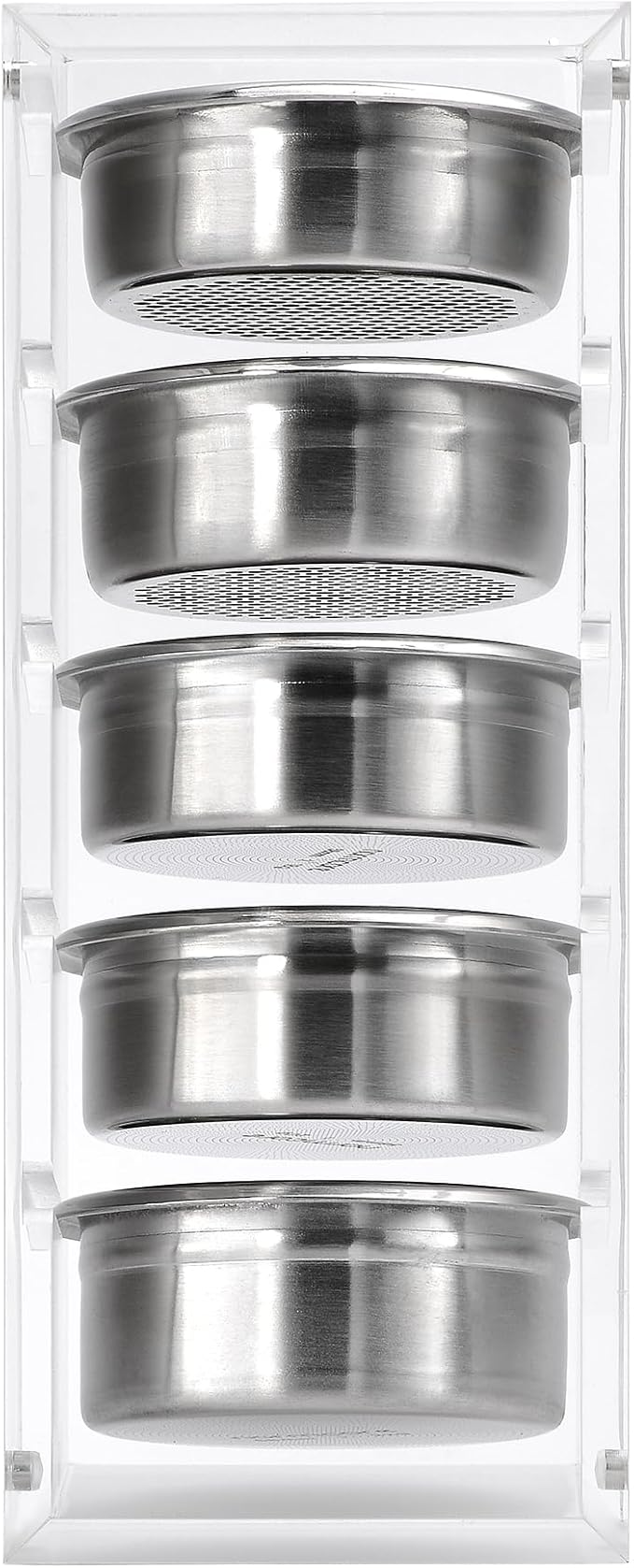 Normcore 58mm Portafilter Basket Storage Holder, Holds 5 Espresso Filter Basket Rack Acrylic Stand for 58mm Portafilter Baskets, Frosted Clear