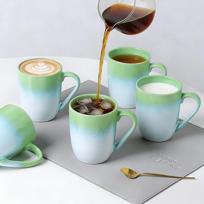 MONITO 14 OZ Coffee Mugs Set of 6, Large Ceramic Coffee Mugs，Modern Coffee Mugs Set with handle for Tea/Latte/Cappuccino/Milk/Cocoa, Funny Tea Cups for Office and Home (White-green)
