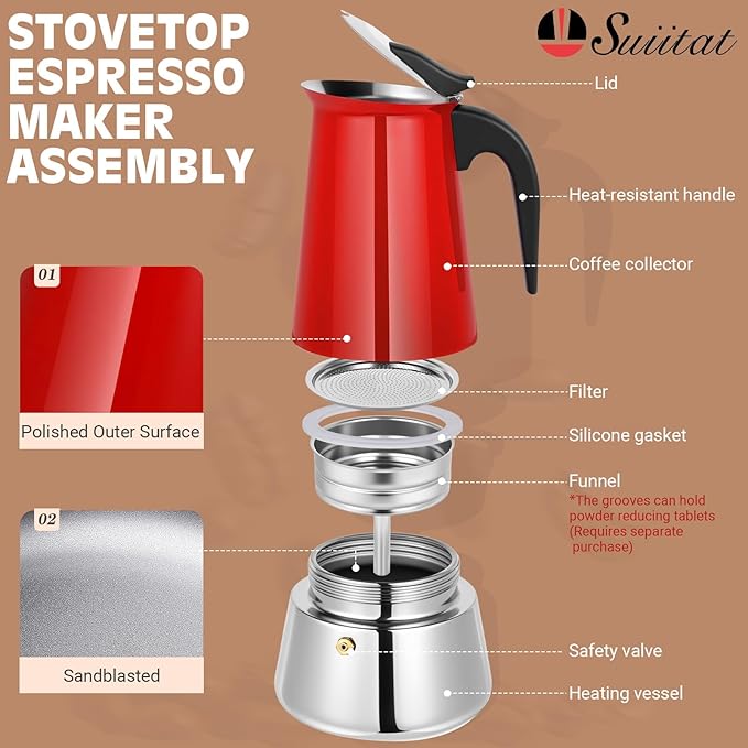 Suiitat Moka Pot, 4 Cups (7.1 oz) Stovetop Espresso Maker, 304 Stainless Steel Moka Pot, Induction Compatible, Red