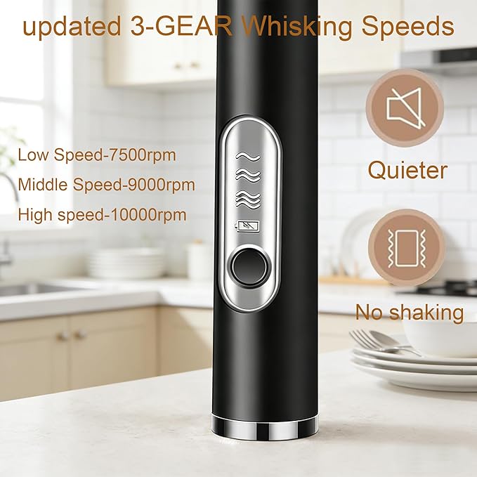Milk Frother Handheld for Coffee, Rechargeable Hand Frother Wand, Electric Whisk 3 Speed Adjustable, Drink Mixer with Stainless 2 Whisks, Foam Maker for Latte Cappuccino Matcha