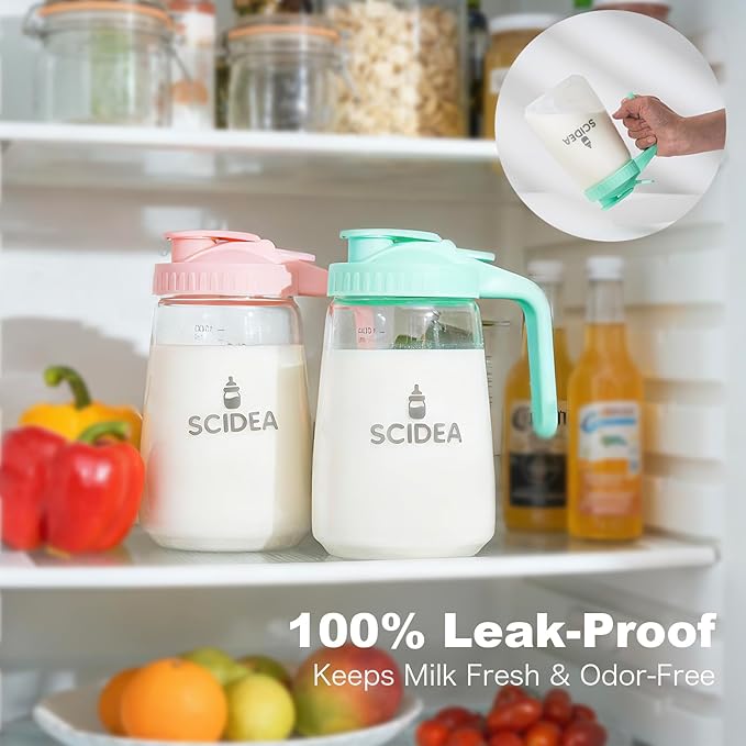 32oz Glass Pitcher with Lid, Heat & Cold Resistant, Leak-Proof Wide-Mouth Milk Fridge Storage Container, High borosilicate glass, Mason jar for Coffee, Iced tea, Milk, Food Storage, Pink