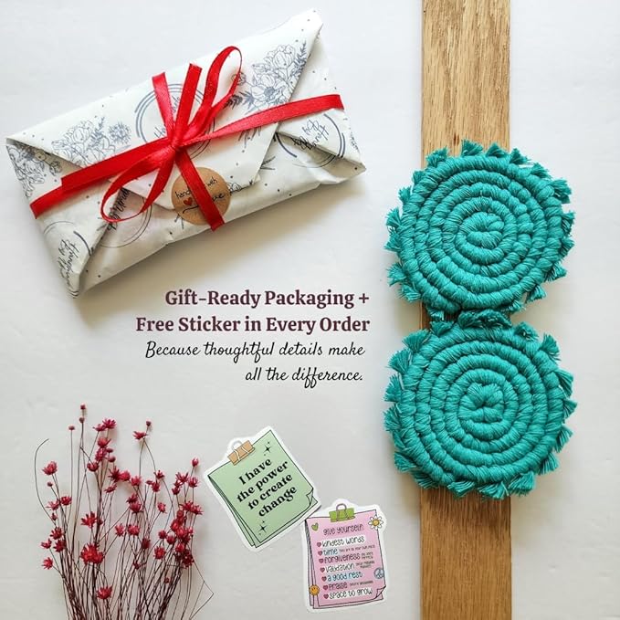 Cotton Car Coasters for Cup Holders, 2PC Car Cup Coasters, Drink Coaster Holder, Cute cupholder Coaster Accessories for Women, Macrame, Boho (Ocean Teal)