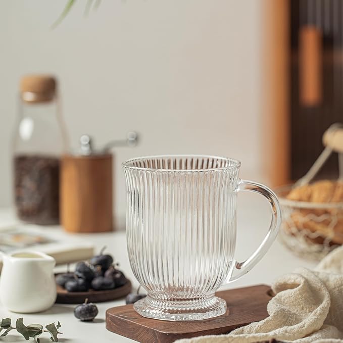 Glass Coffee Mugs Set of 8, Ribbed Large Coffee Mug 16 Oz With Handles for Hot Beverages, Clear Mugs for Tea, Cappuccino, Latte, Espresso Coffee, Glass Coffee Cups Large Coffee Mug, for Hot Beverages