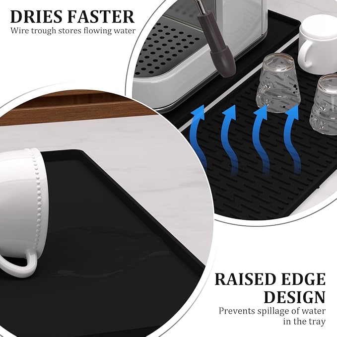 Silicone Coffee Mat - 24" x 16" Removable Bar Mat, Waterproof Leak-Proof Dish Drying Pad, Fits Under Coffee Makers and Espresso Machines to Keep Surfaces Clean, Black