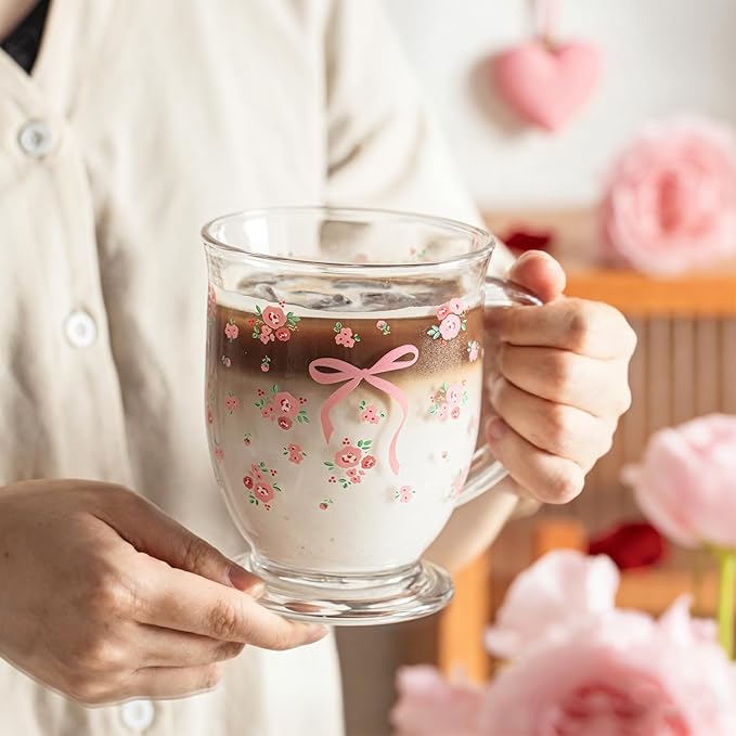 KEMORELA 16oz Valentine's glass coffee mugs Set of 2, Cute Pink Bow glass cup with Handle, Romantic Mug, Sweet Valentine's Gifts for Couple Drinking Glasses for Valentines Party- Dishwasher Safe