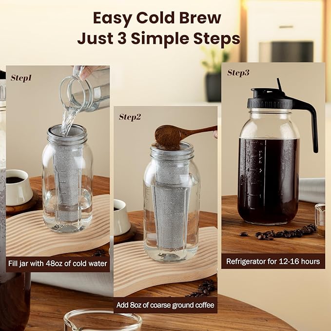 Cold Brew Coffee Maker, 64 oz Glass Pitcher with Mesh Filter, 2 Quart Mason Jar with Lid