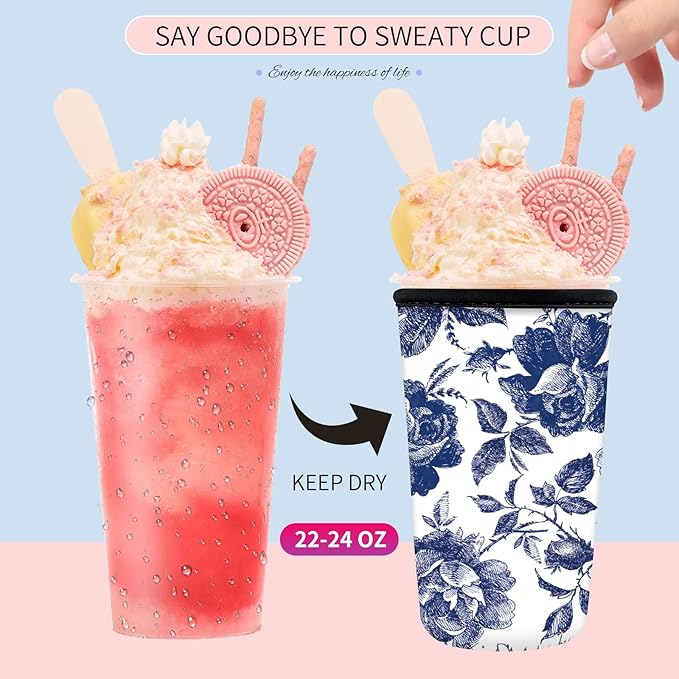 Reusable Neoprene Insulator Sleeve for Iced Coffee Cups, Medium 22-28oz Durable Drink Sleeve for Cold Beverages, Cute Beverage Holder Cup Sleeve for Women Men Cute Blue Floral