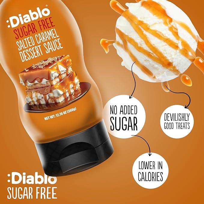 Diablo Sugar Free Salted Caramel Dessert Sauce – Belgian Premium Coffee Bar Accessory, Syrup, Waffle, Pancake, Cereal, Cake & Ice Cream Topping, 360g (12.7oz)