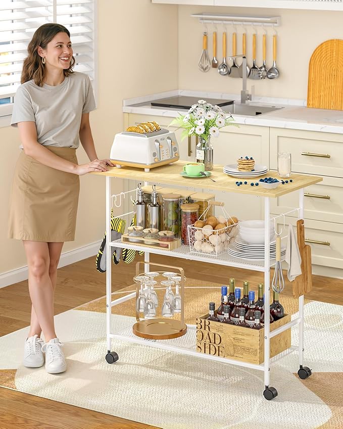 Kitchen Island with 3 Shelves, Rolling Kitchen Cart with 6 Hooks and Protective Shelf, Microwave Stand on Lockable Wheels, Bakers Rack Coffee Bar for Dining, Living Room, Outdoor, Metal Frame, White