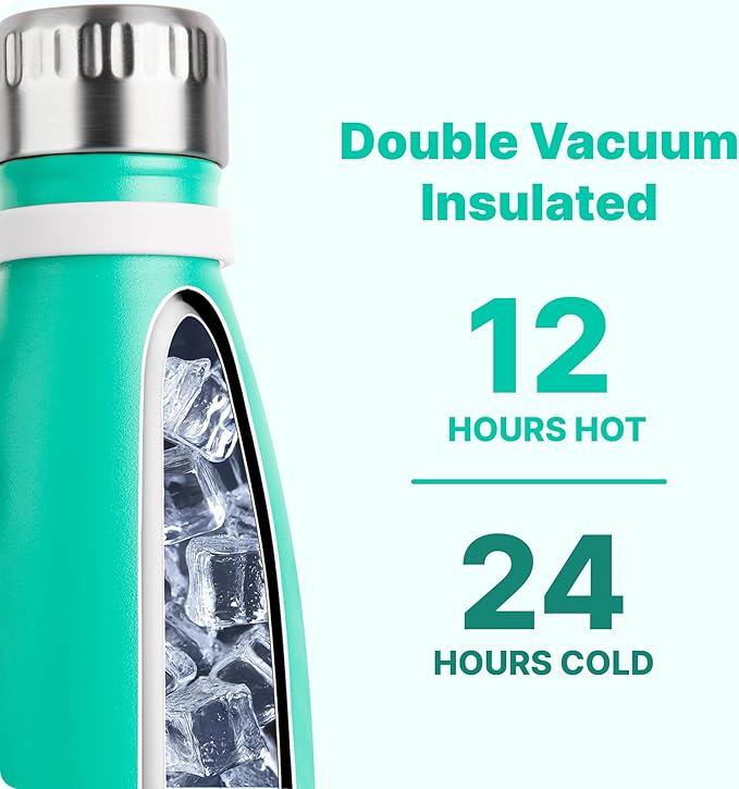 VINUR Small Water Bottle- 9 oz Stainless Steel Vacuum Insulated Leak Proof Water Bottle for kids Travel-Cola Shape Reusable Flask with Carry Rope for Girl, Teal