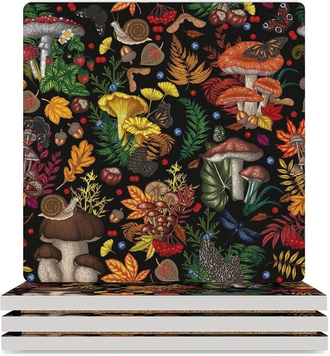 Square-4PCS Botanical Ceramic Coasters, Square Absorbent Drink Coasters, Rustic Cartoon Abstract Botanical Mushroom Plants Pattern Ceramic Table Coasters for Coffee, Beverage, Wine, Beer Coasters