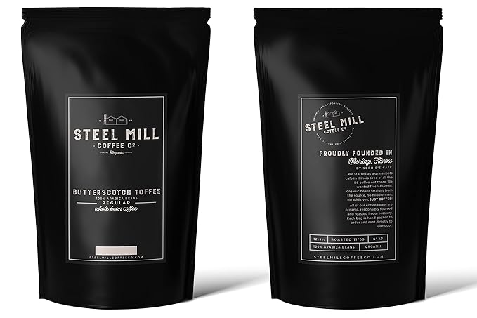 Steel Mill Coffee Co. Butterscotch Toffee Flavored Coffee – Ground – Medium Roast – 100% Arabica Beans – Vegan, Gluten-Free, Sugar-Free – 12 oz Bag