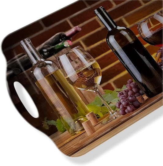 Serving Tray Decorative Tray with Handles Multi-Purpose Rectangular Serving Trays for Restaurant, Parties, Coffee Table, Kitchen - Red Wine Grapes