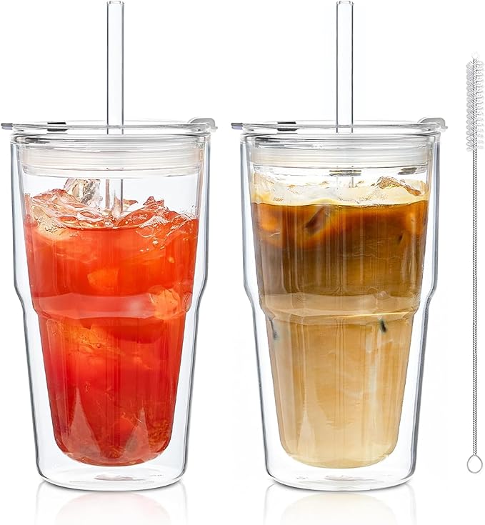 16oz Clear Double Wall Drinking Glass Cups with Lids and Straws, 2 Pc Set – Condensation Resistant Insulated Glass Can Tumblers for Cold Drinks,Iced Coffee,Tea,Juice and Mixed Drinks Cleaning Brush