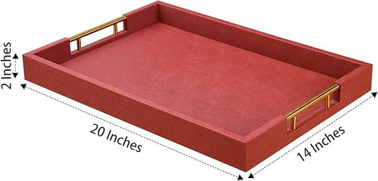 14x20 Inches Brown Faux Leather Wrapped Wood Serving Tray with Metal Handles for Various Occasions, Ottoman, Home Decor Decorative, Living Room, Coffee Table Organizer, Serving Breakfast On Bed