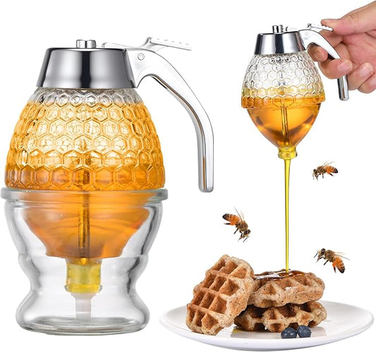 Honey Dispenser, 8oz Hunnibi Honey Container Dispenser No Drip Glass With Stand, Bee Container & Coffee Syrup Jar For Tea Time & Gifting, Elegant Comb Pot Bottle For Maple Syrup Bee