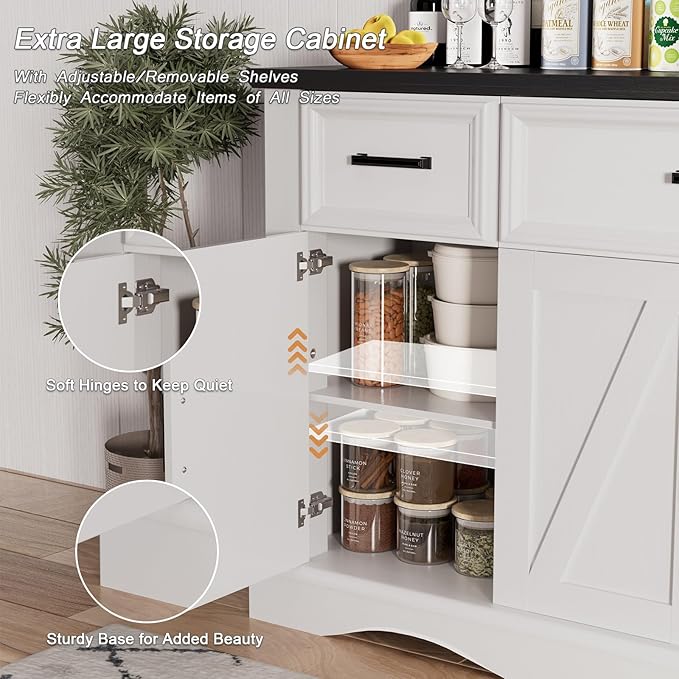 56" Modern Farmhouse Sideboard Buffet Cabinet with 4 Doors and 3 Drawers, Coffee Bar with Charging Station & Adjustable Shelves, Large Kitchen Storage for Hallway, Entryway, Living Room, White