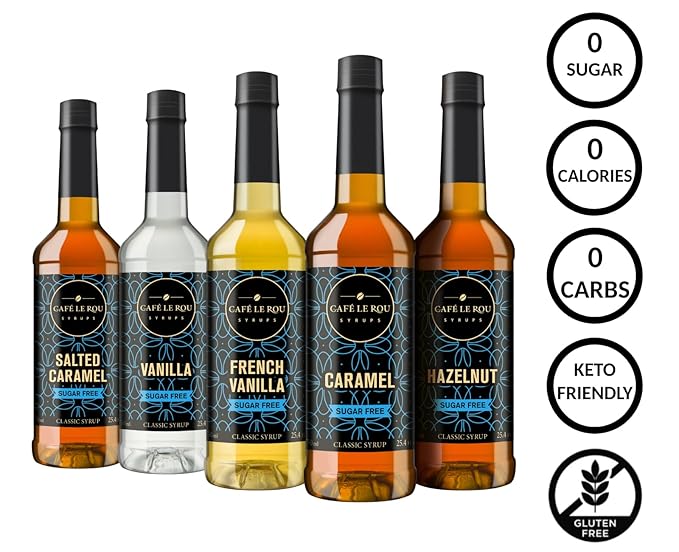 Café Le Rou Coffee Syrup Sugar Free Variety 25.4oz Vanilla, French Vanilla, Caramel, Salted Caramel, Hazelnut - (Sugar Free Variety, 5-Pack) Flavoring Syrup for Coffee, Tea & Espresso Made in the USA