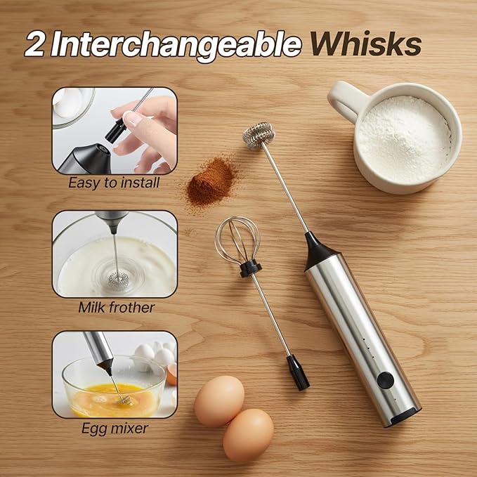 Upgraded Rechargeable Milk Frother Handheld, 3-Speed Electric Frother with 2 Whisks (Frother & Egg Whisk),304 Stainless Steel Drink Mixer for Coffee, Cappuccino, Hot Chocolate, Ideal Christmas Gift