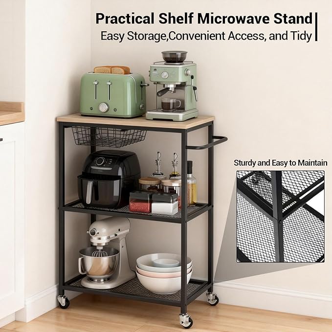 Rolling Kitchen Carts on Wheels, 3 Tier Mobile Utility Cart with Wood Tabletop Storage Cart, Metal Serving Carts with Handle and Shelf Liner for Island Restaurant Coffee Bar Living Room Office Black