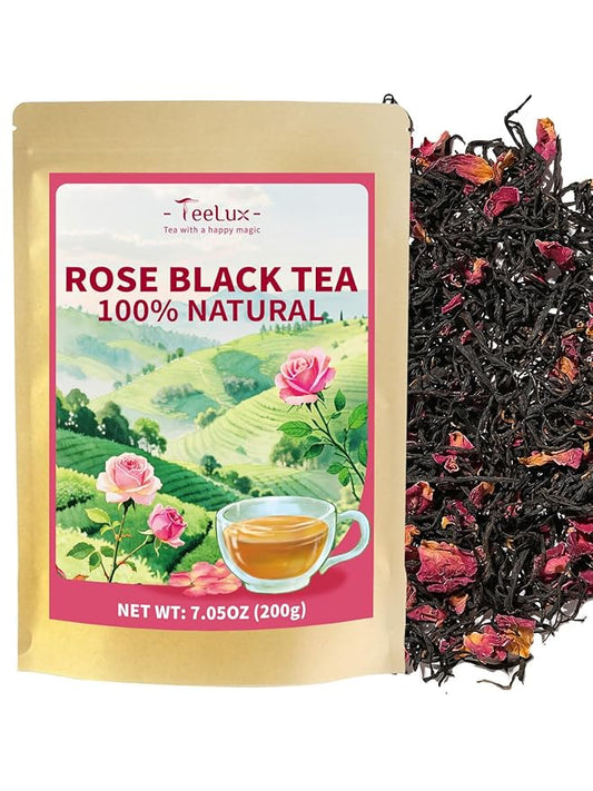 TeeLux Rose Black Tea Loose Leaf, Premium Black Tea with Rose Petals, Floral Aroma, Smooth & Refreshing Taste, Hot & Iced Tea, 7oz