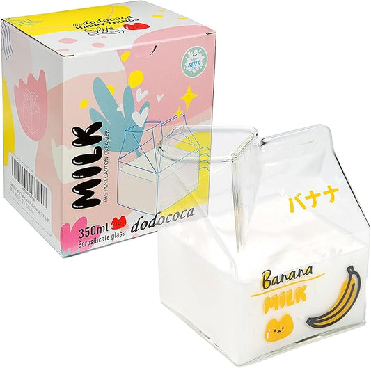 Kawaii Glass Milk Carton Cup Clear Cute Milk Cup Mini Creamer Pitcher Container Microwavable 12 Oz, 1Pcs(Banana)