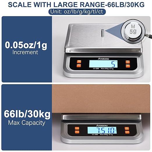 ATOGOU 66lb Food Scale, Commercial Kitchen Scale Plug-in Usable with Full View LCD Display, Stainless Steel, for Baking, Bread, Cooking, Meat, Vegetables, Farm, Industry LC200