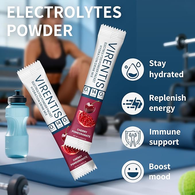 16 Sticks Electrolytes Powder Packets Sugar Free Hydration Packets Liquid Daily IV Electrolyte Drink Mix for Rehydration with 8 Electrolytes & 6 Vitamins, Low Sodium, Cherry Pomegranate