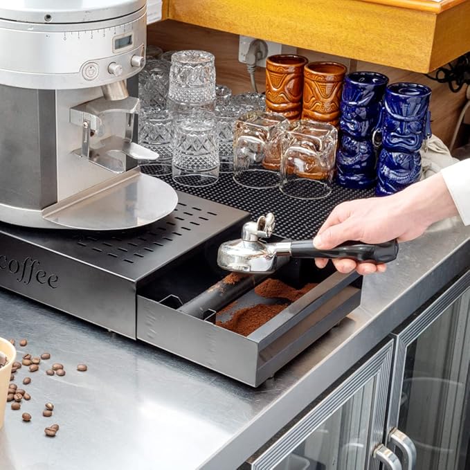 Restaurantware Restpresso 13.5 x 9.75 x 3.75 Inch Espresso Knock Box 1 Vented Coffee Knock Box - Detachable Drawer Silicone Knock Bar Black Stainless Steel Coffee Grounds Knock Box Durable