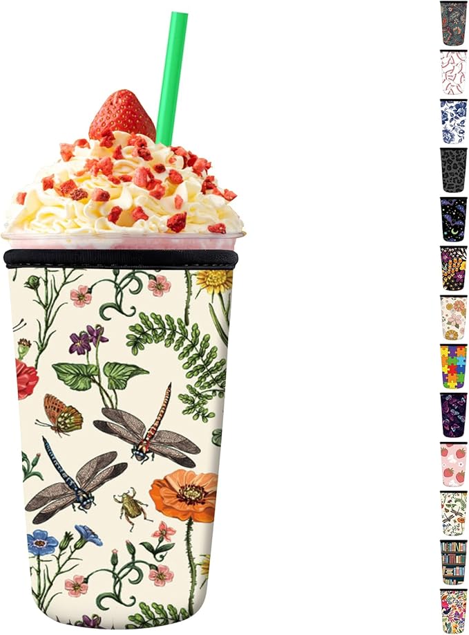 Reusable Neoprene Insulator Sleeve for Iced Coffee Cups, Medium 22-28oz Durable Drink Sleeve for Cold Beverages, Cute Beverage Holder Cup Sleeve for Women Men Boho Dragonfly