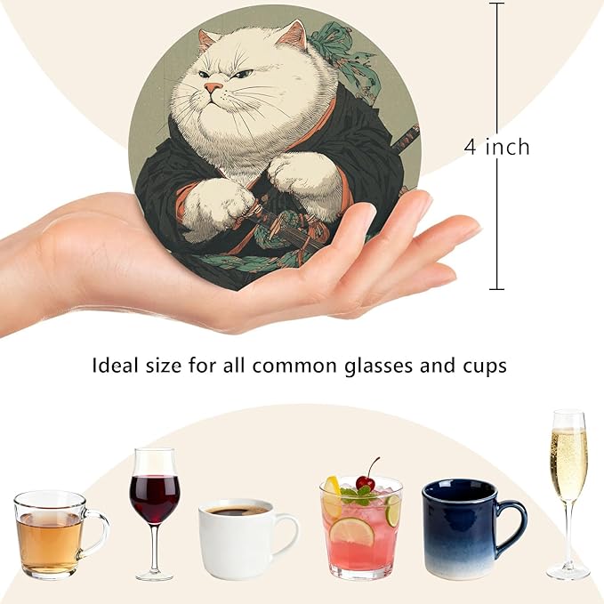 6Pcs Cat Coasters Ninja Edition with Holder, Funny Anime Cat Ceramic Drink Coaster for Kinds of Cups Coffee Table Decor Cats Lover Gifts