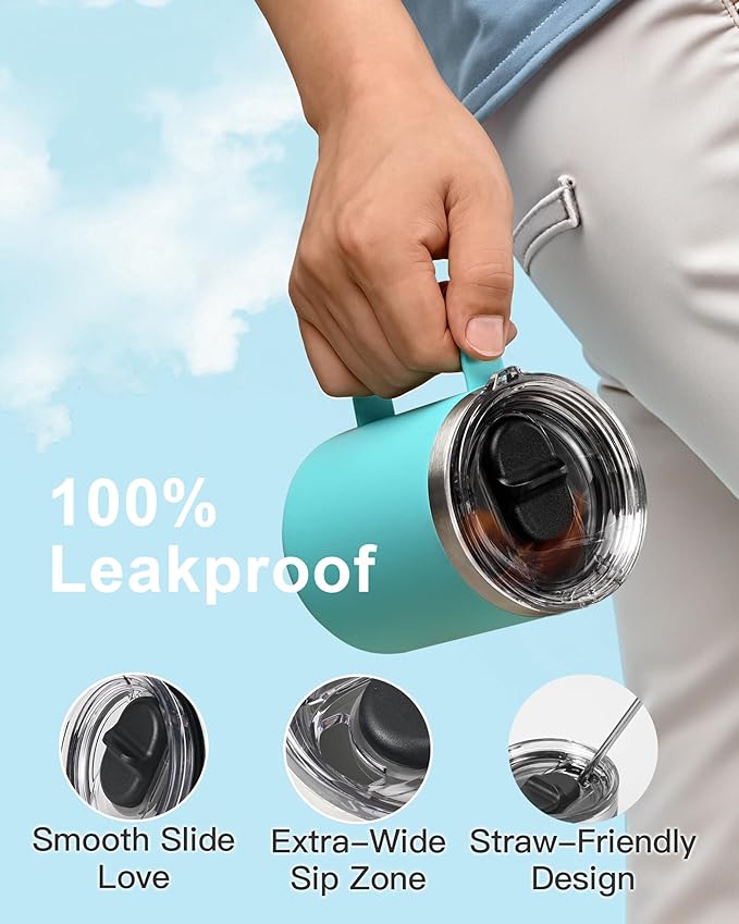 Insulated Coffee Mug 12 oz, Double Wall Stainless Steel Coffee Mug with Lids, Leak-Proof & Detachable Slider Lid for Thorough Clean, Keeps Coffee Cold for 9 Hrs, Suitable for Camp Home Office