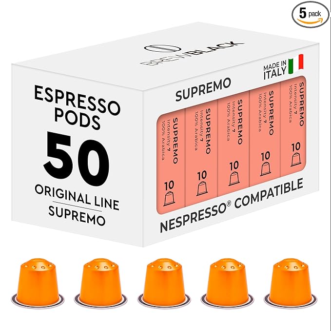 BrewBlack Supremo Coffee Capsules - 50 Aluminum Coffee Pods Compatible with Nespresso Original line, 100% Arabica Medium Roast - Intensity 7/12, Made in Italy