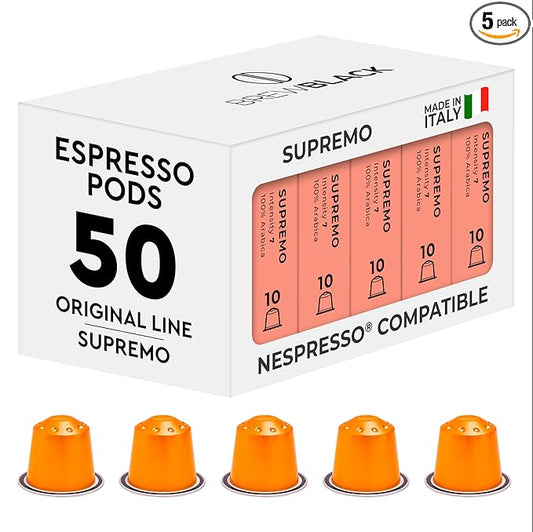 BrewBlack Supremo Coffee Capsules - 50 Aluminum Coffee Pods Compatible with Nespresso Original line, 100% Arabica Medium Roast - Intensity 7/12, Made in Italy