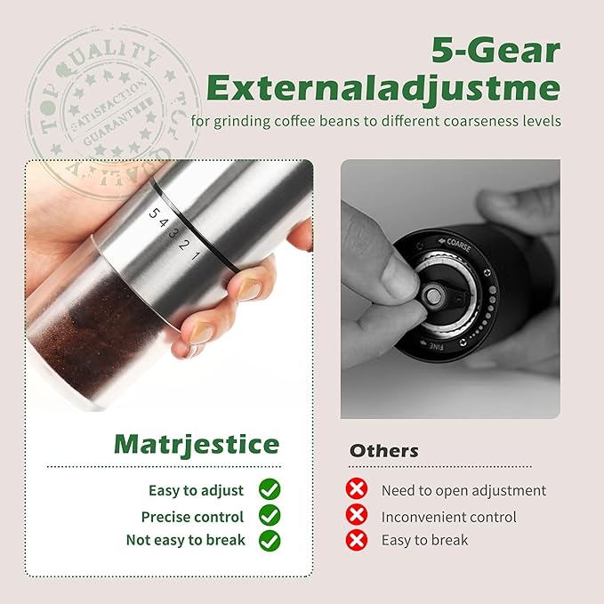 Manual Coffee Grinder With Ceramics Burr for Espresso,French Press,5 Adjustable Settings,Hand Coffee Grinder,For Home Use and Camping Travel,Coffee Bean Grinders With Hand Crank (Silvery)
