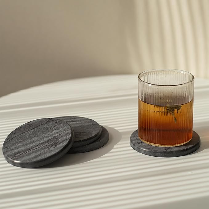 Stone Coasters for Drinks, Set of 4 (Dia. 4 in), Quick Absorbent Diatomaceous Earth Coaster with Aesthetic Marble Pattern, Desk & Coffee Table Decor, House Warming Gifts New Home - Dark Grey