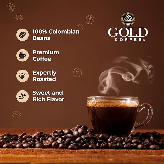 Gold Coffee | Premium Colombia Huila, Medium Roast, Whole Bean | 100% Colombian Coffee, 12oz. (Pack of 4)