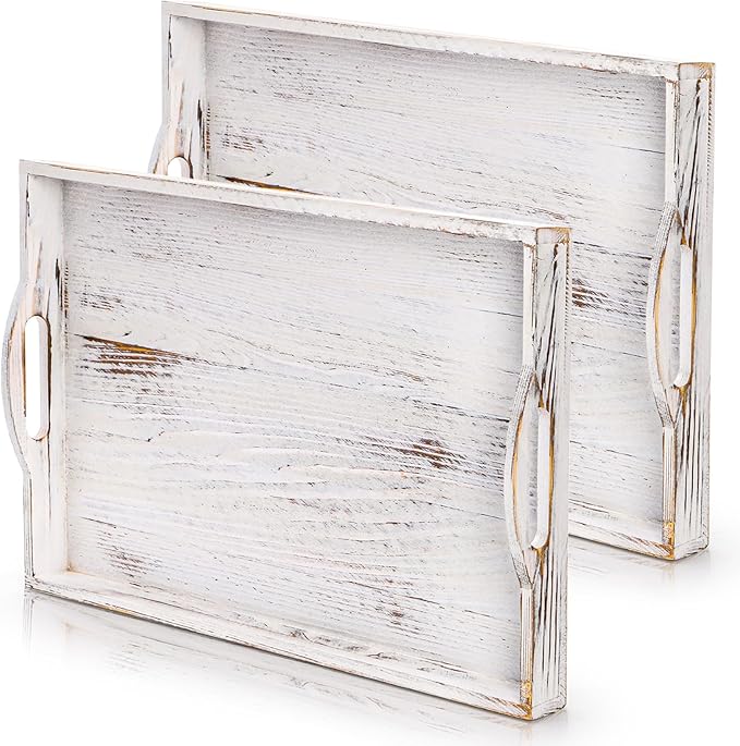 DEAYOU 2 Pack Wood Serving Tray, 16.5" Ottoman Wooden Trays for Coffee Table, Farmhouse Vintage Decorative Tray Platter with Cutout Handle for Eating, Breakfast, Rectangle, 16.5" L x 11" W