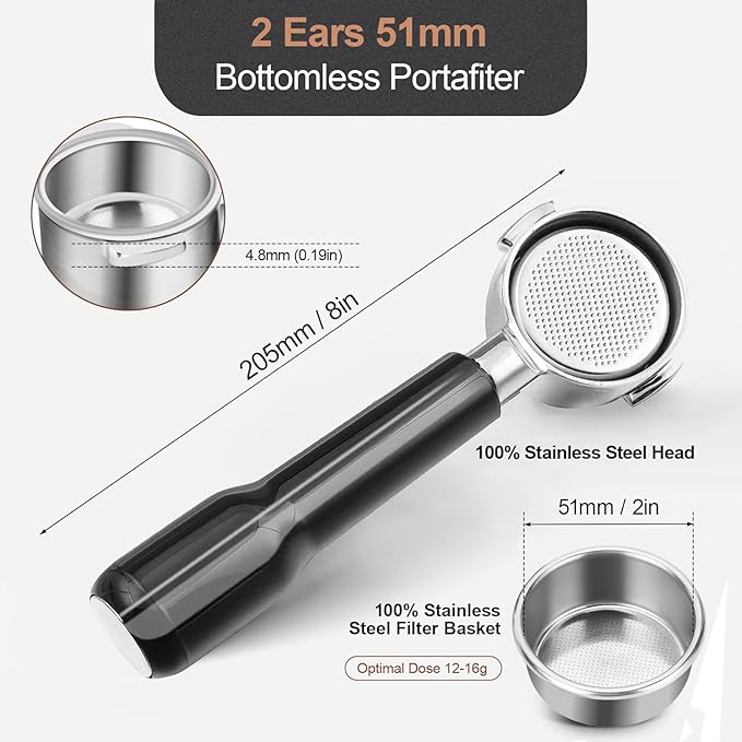 51mm Bottomless Portafilter & Puck Screen, 2 Ears Stainless Steel Head, Only Compatible with De'Longhi ECP3420, EC155, BCO430, EC260, and ECP3120, Includes 304 Stainless Steel Filter Basket
