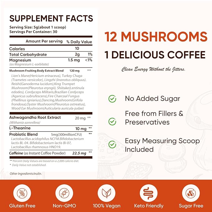 Mushroom Coffee, 12 Mushrooms Powder Blend Ashwagandha, Lion's Mane, Chaga and Probiotics, Mushrooms Instant Coffee Latte for Focus, Gut & Immunity Health- 30 Servings