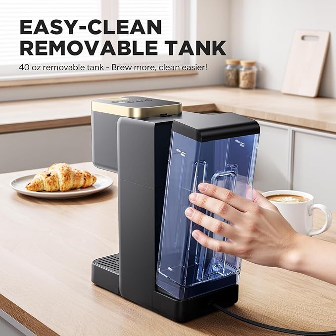 Tastyle Single Serve Coffee Maker, Iced and Hot Coffee Machine for K Cup & Grounds, Compact Design, 40oz Removable Water Reservoir, 6 to 24 Oz Brew Sizes, Fits 7.3" Travel Mug, Black+Gold